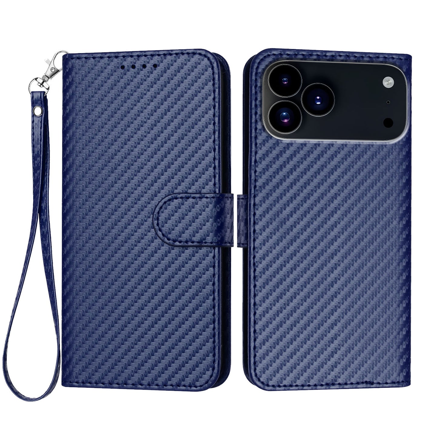 For iPhone 17 Pro Wallet Case with Strap Carbon Fiber Texture Leather Mobile Cover - Royal Blue