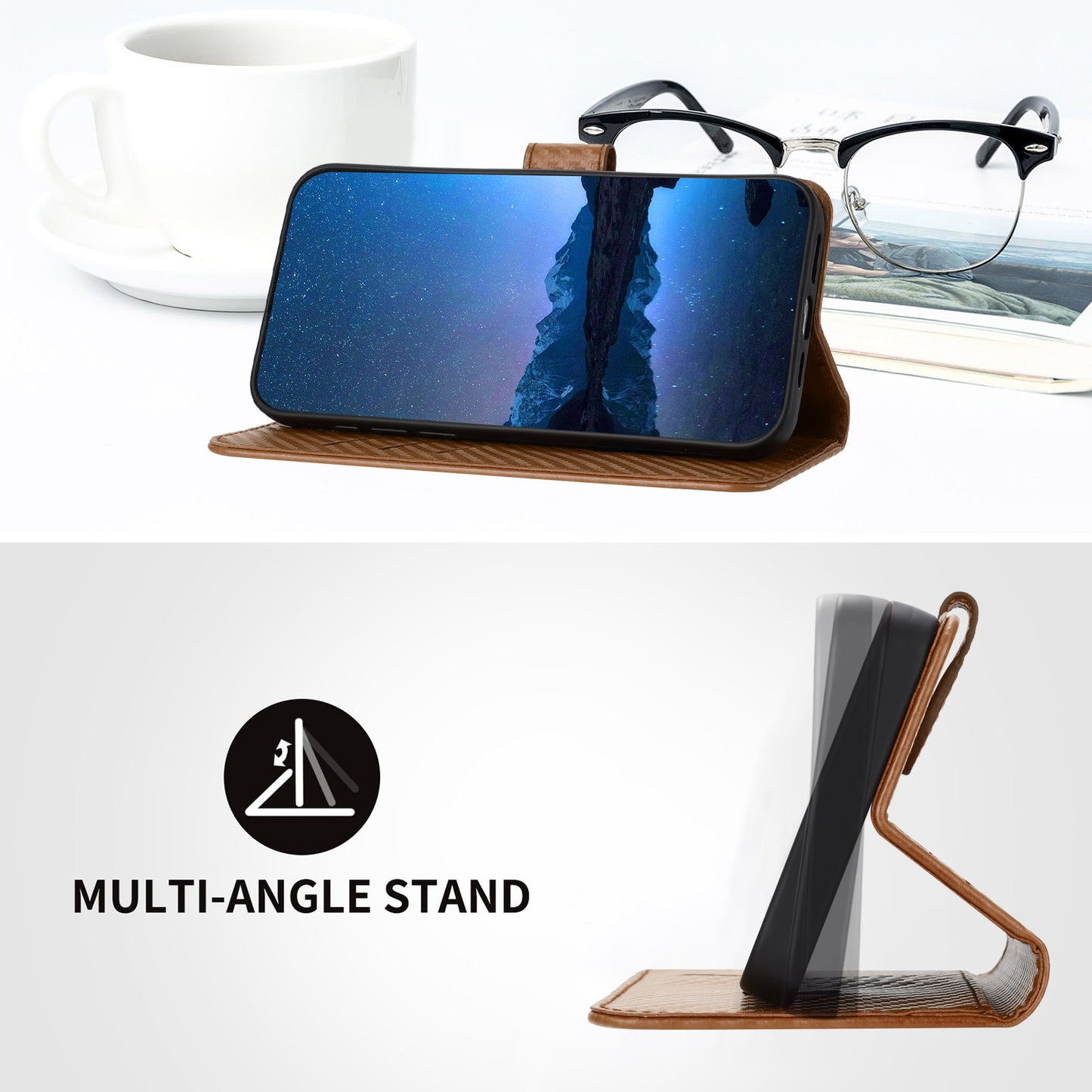 For iPhone 17 Pro Wallet Case with Strap Carbon Fiber Texture Leather Mobile Cover - Coffee
