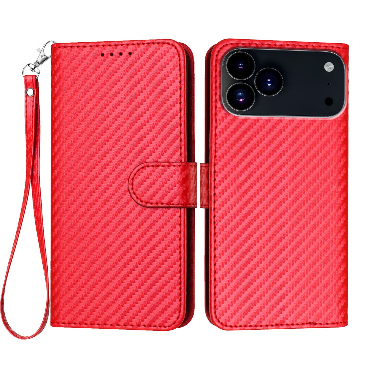 For iPhone 17 Pro Wallet Case with Strap Carbon Fiber Texture Leather Mobile Cover - Red