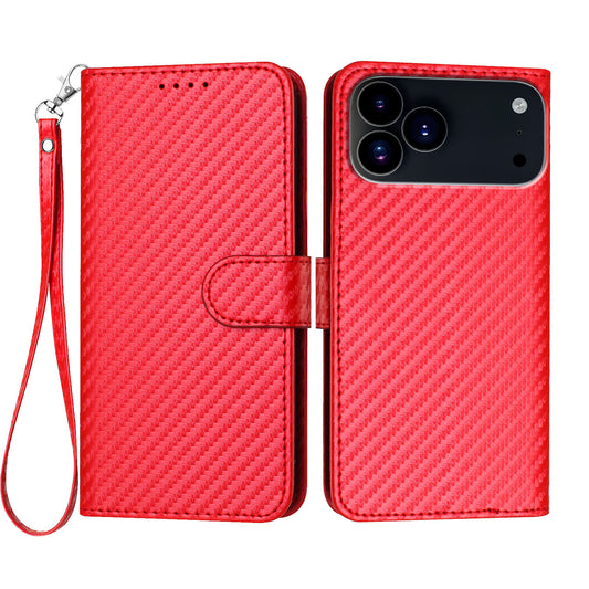 For iPhone 17 Pro Wallet Case with Strap Carbon Fiber Texture Leather Mobile Cover - Red