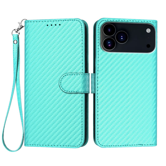 For iPhone 17 Pro Wallet Case with Strap Carbon Fiber Texture Leather Mobile Cover - Light Blue