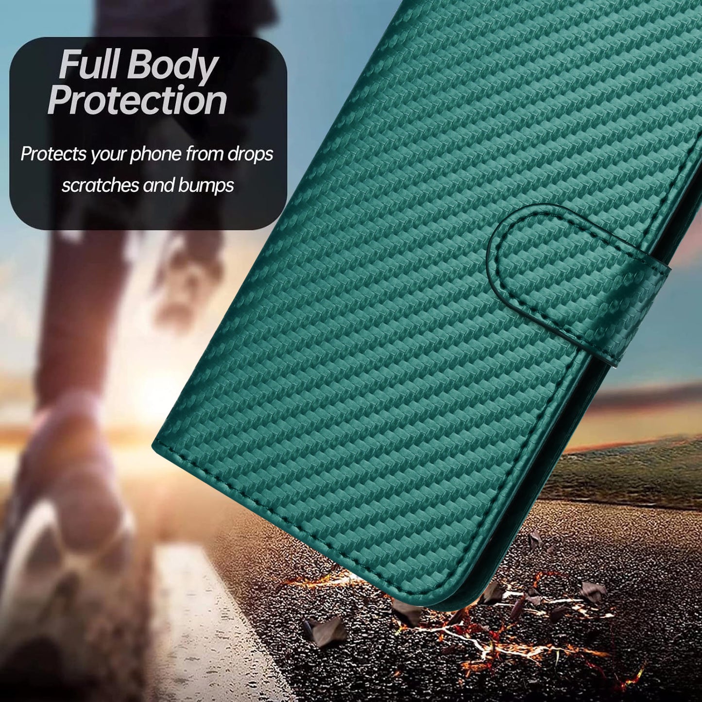 For iPhone 17 Pro Wallet Case with Strap Carbon Fiber Texture Leather Mobile Cover - Blackish Green