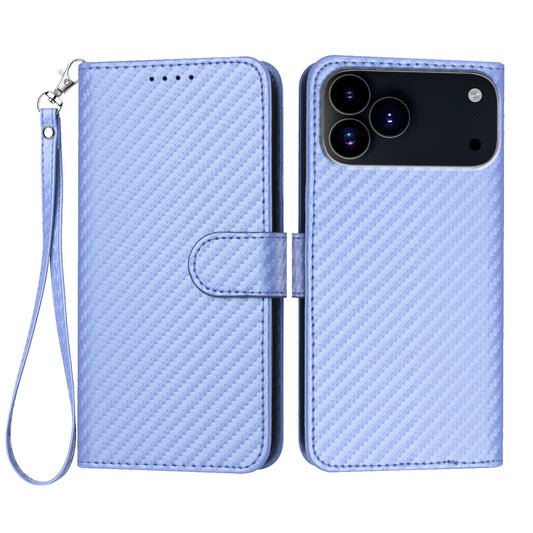 For iPhone 17 Pro Wallet Case with Strap Carbon Fiber Texture Leather Mobile Cover - Purple