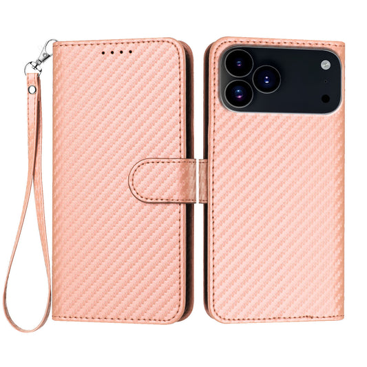 For iPhone 17 Pro Wallet Case with Strap Carbon Fiber Texture Leather Mobile Cover - Pink