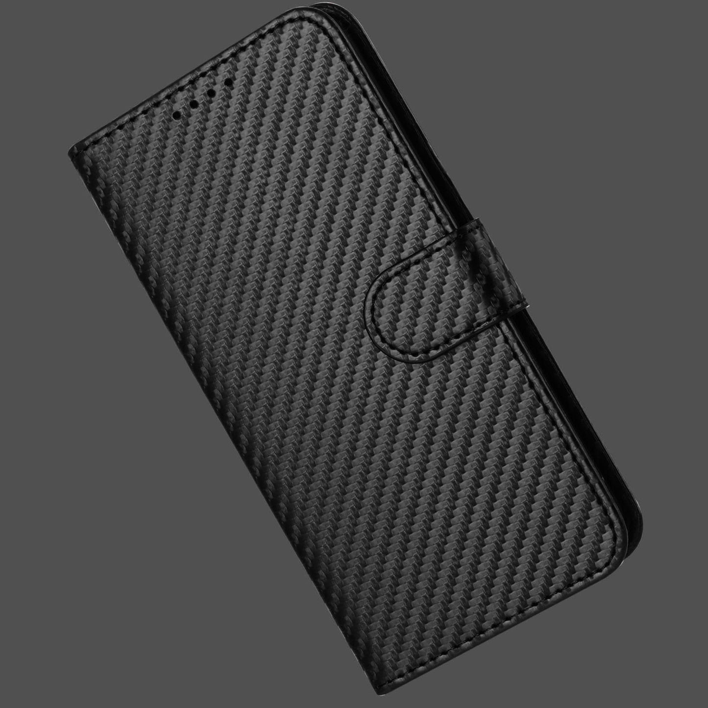 For iPhone 17 Wallet Case with Strap Carbon Fiber Texture Leather Mobile Cover - Black