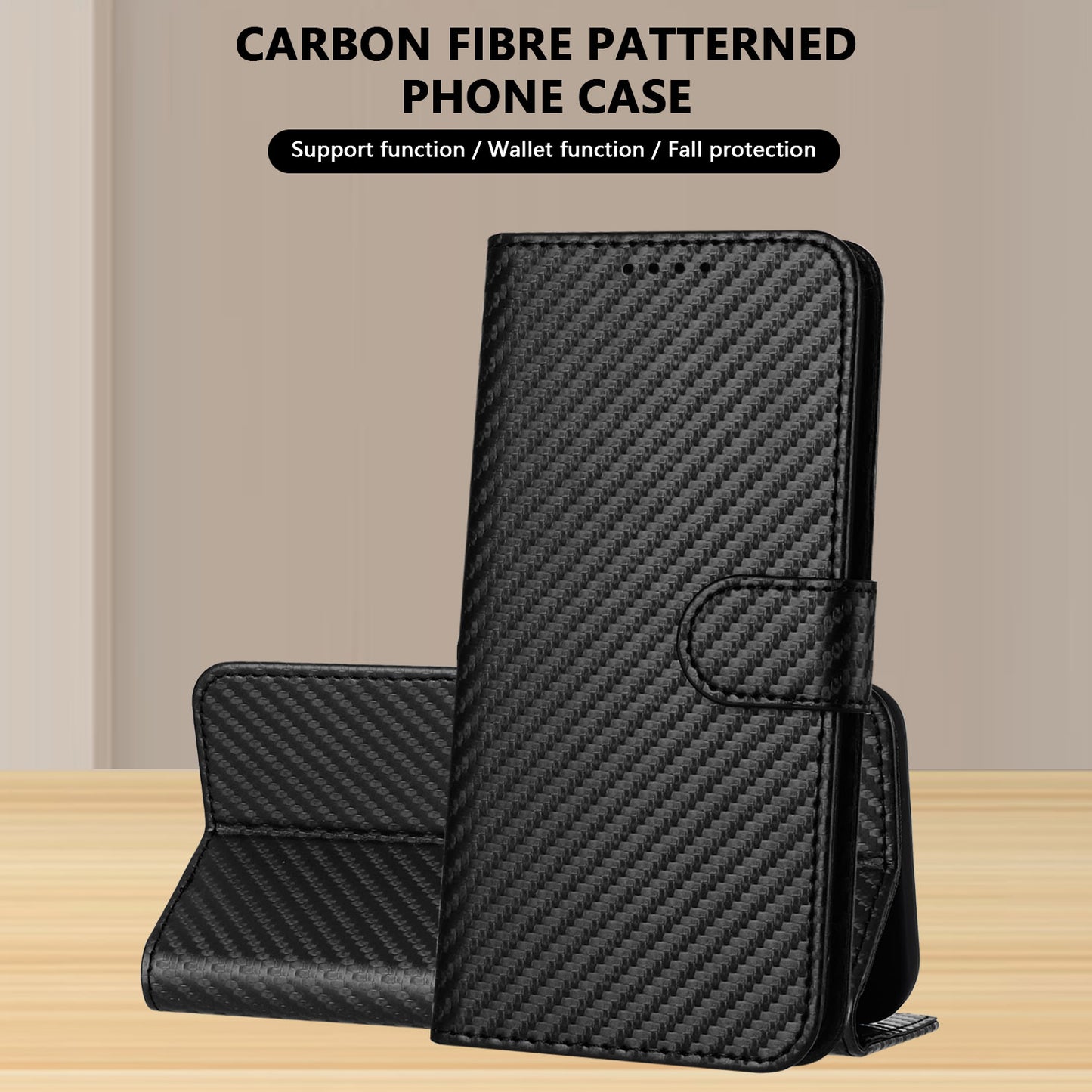 For iPhone 17 Wallet Case with Strap Carbon Fiber Texture Leather Mobile Cover - Black