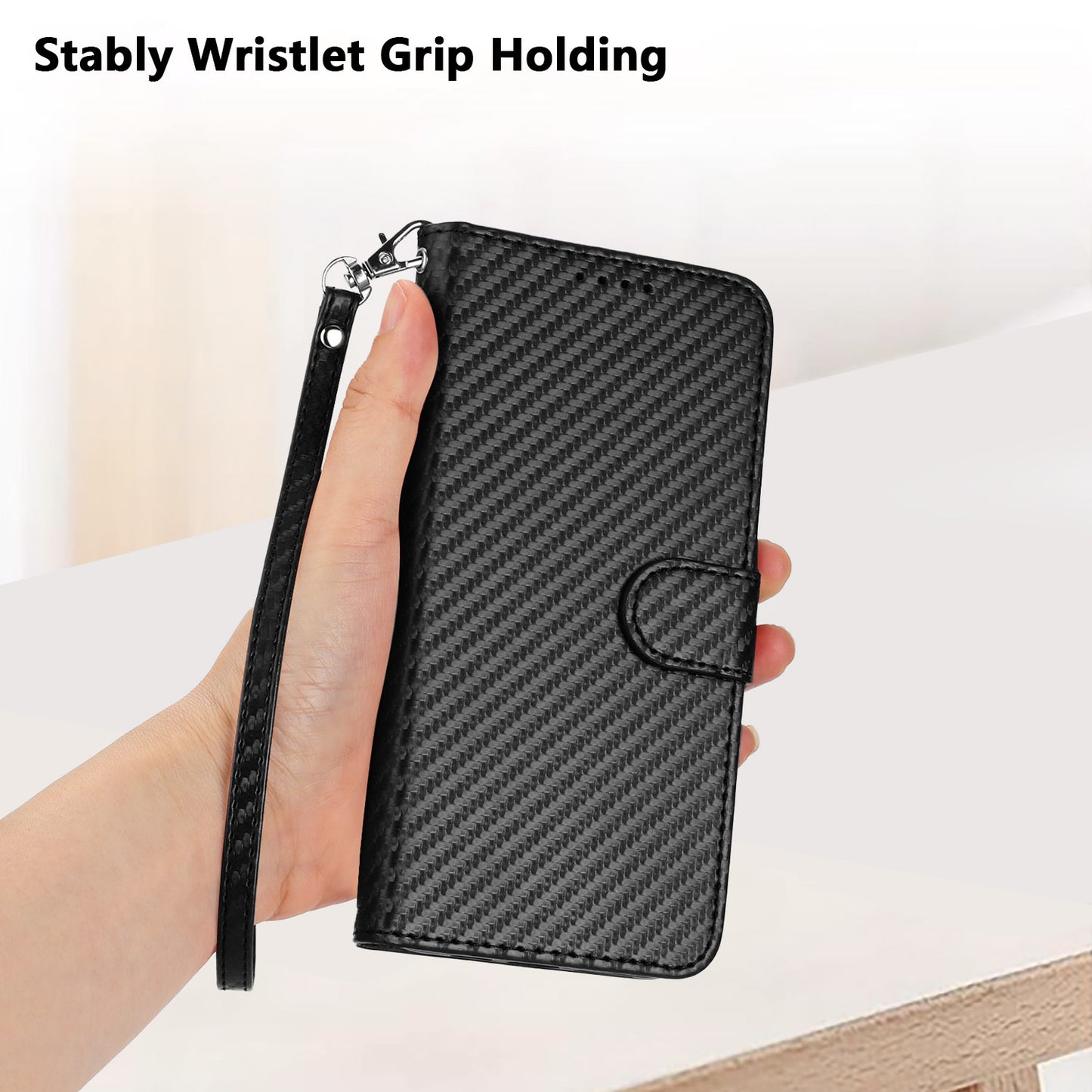 For iPhone 17 Wallet Case with Strap Carbon Fiber Texture Leather Mobile Cover - Black