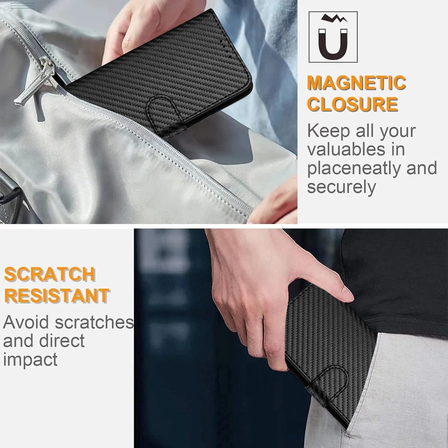 For iPhone 17 Wallet Case with Strap Carbon Fiber Texture Leather Mobile Cover - Black