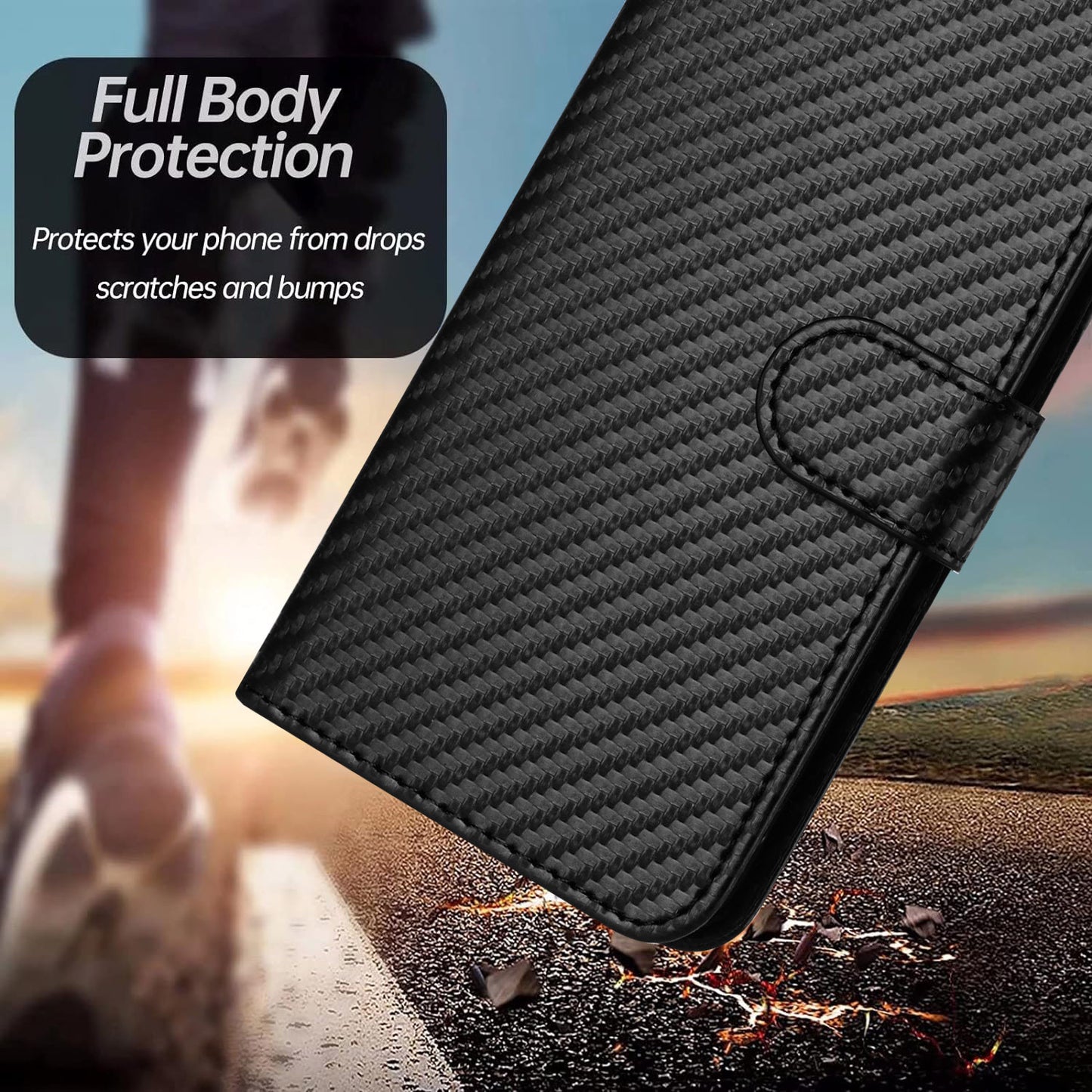 For iPhone 17 Wallet Case with Strap Carbon Fiber Texture Leather Mobile Cover - Black