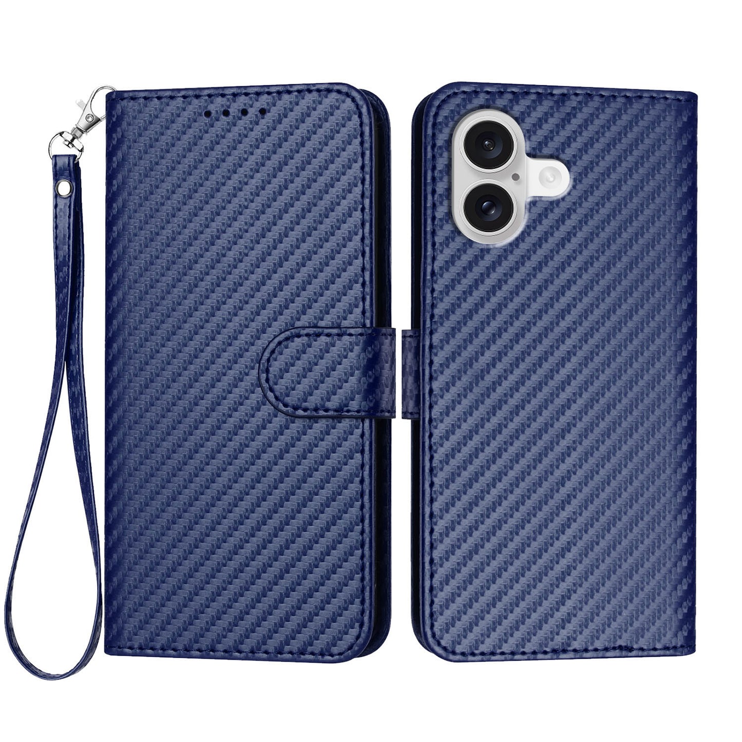 For iPhone 17 Wallet Case with Strap Carbon Fiber Texture Leather Mobile Cover - Royal Blue
