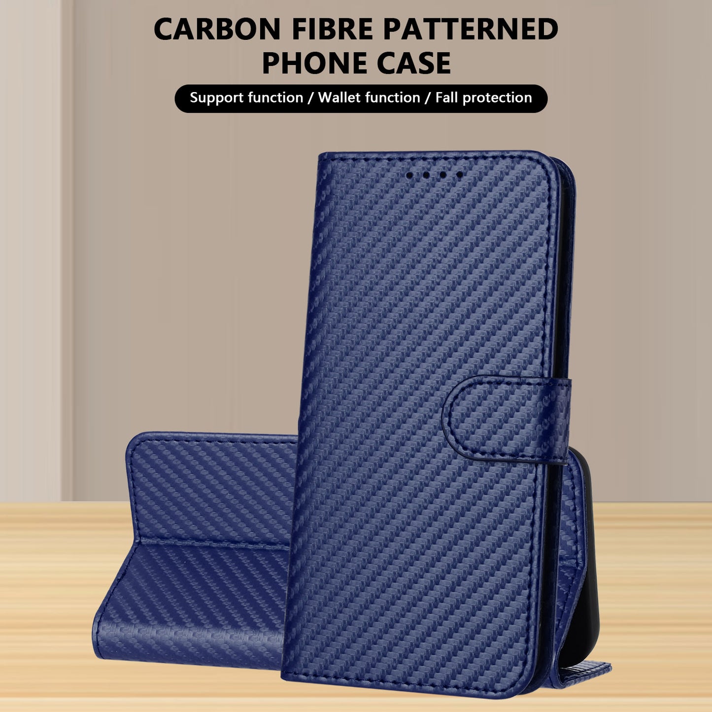 For iPhone 17 Wallet Case with Strap Carbon Fiber Texture Leather Mobile Cover - Royal Blue