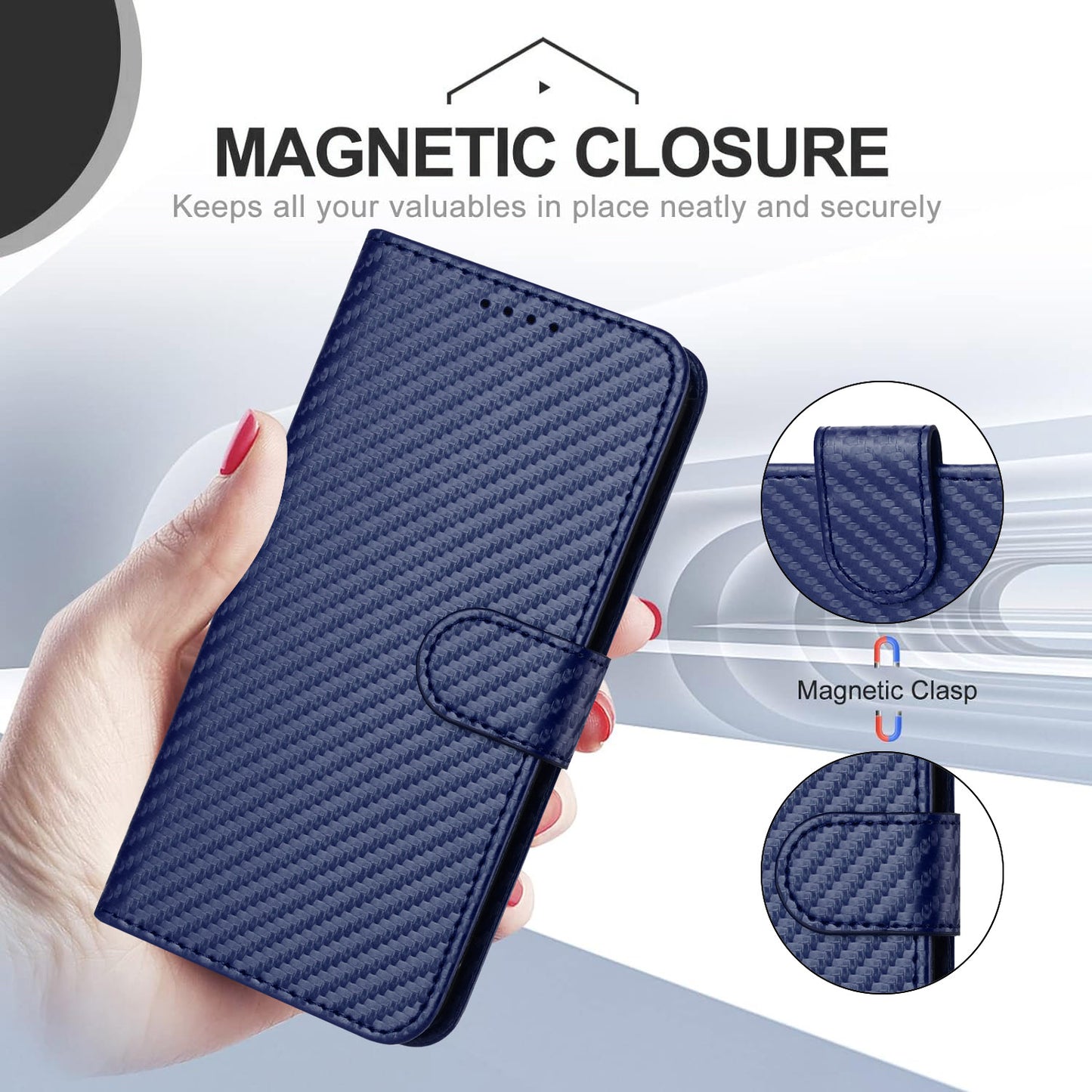 For iPhone 17 Wallet Case with Strap Carbon Fiber Texture Leather Mobile Cover - Royal Blue