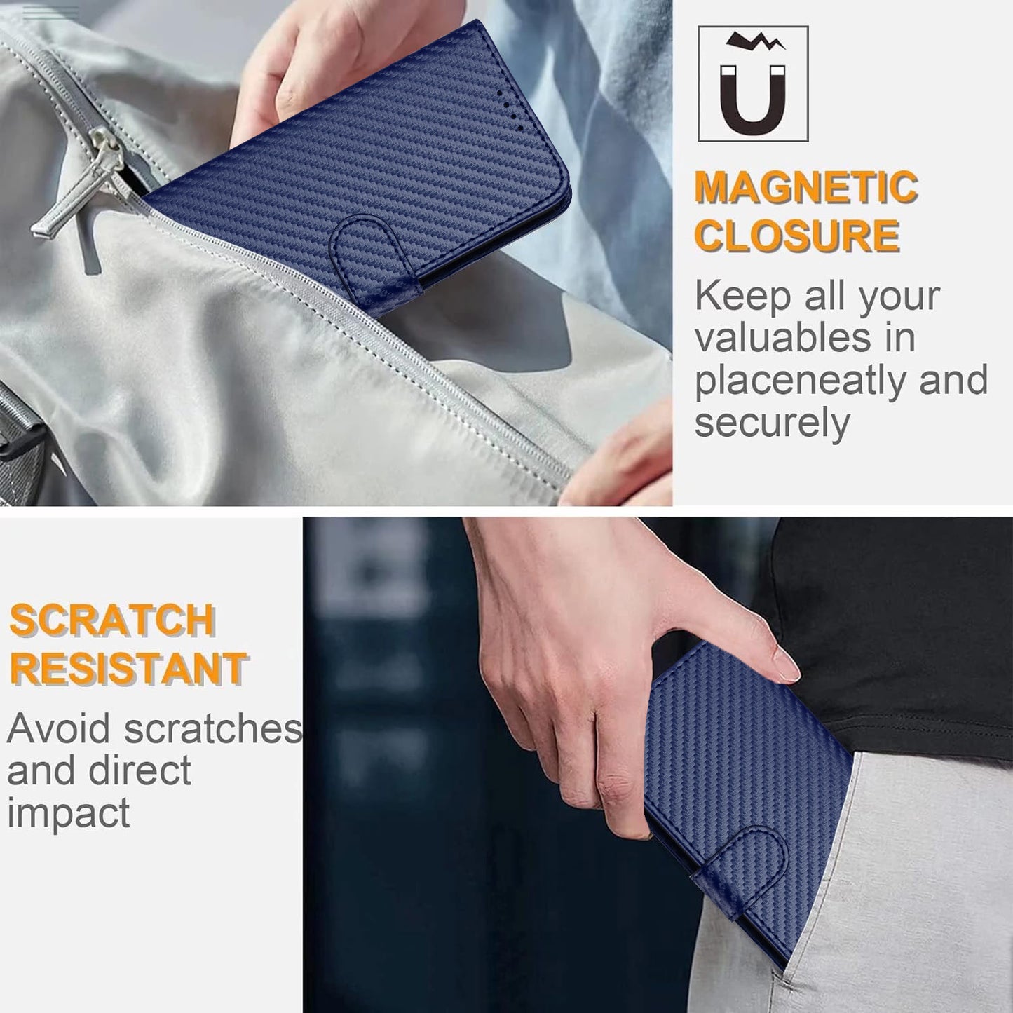 For iPhone 17 Wallet Case with Strap Carbon Fiber Texture Leather Mobile Cover - Royal Blue