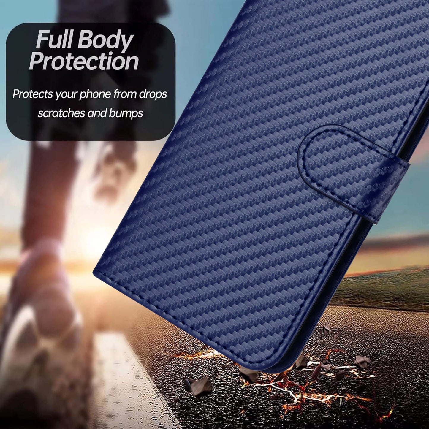 For iPhone 17 Wallet Case with Strap Carbon Fiber Texture Leather Mobile Cover - Royal Blue