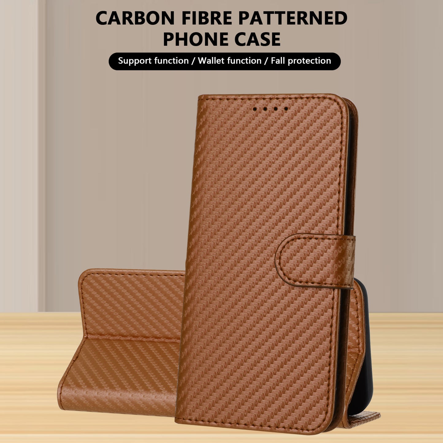 For iPhone 17 Wallet Case with Strap Carbon Fiber Texture Leather Mobile Cover - Coffee