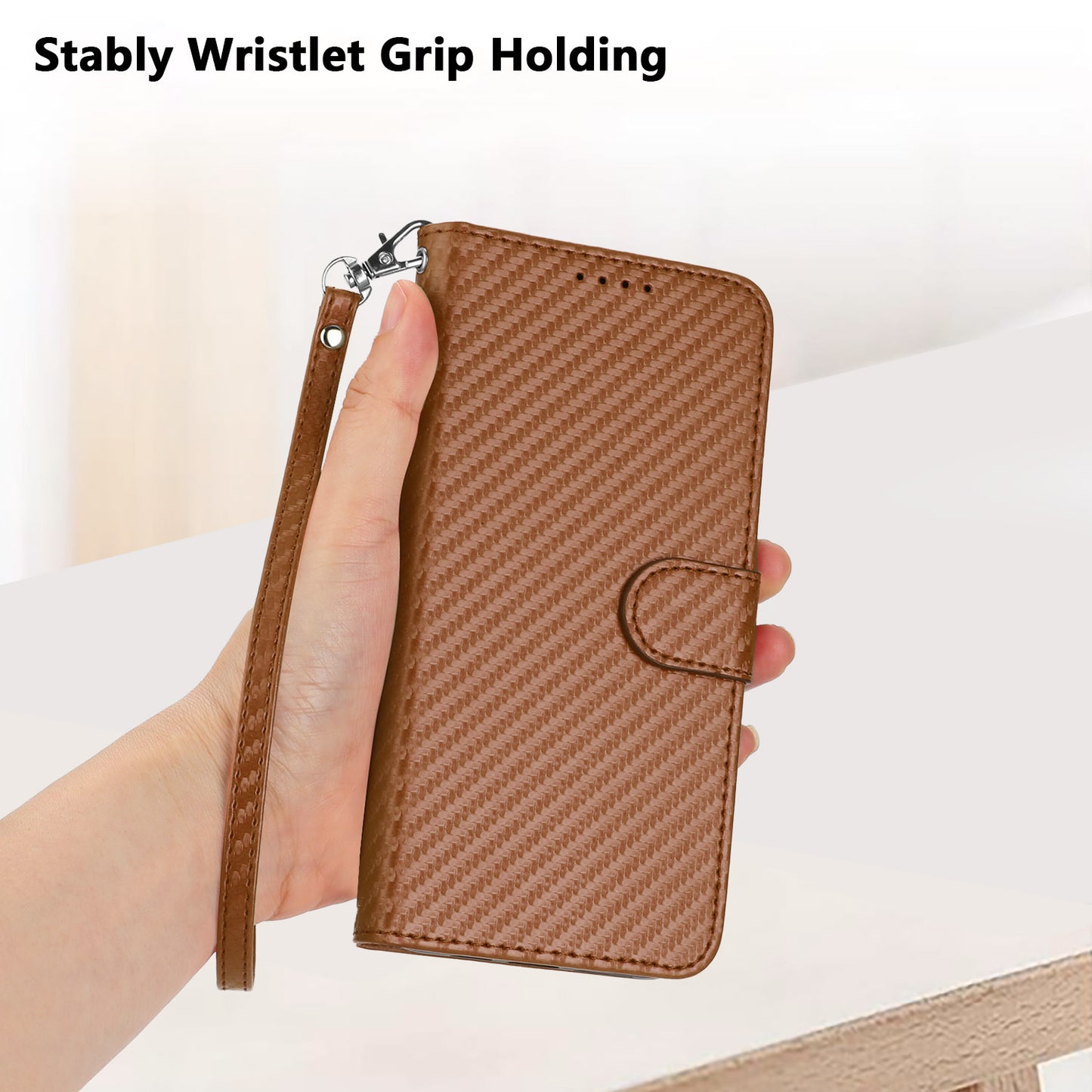 For iPhone 17 Wallet Case with Strap Carbon Fiber Texture Leather Mobile Cover - Coffee