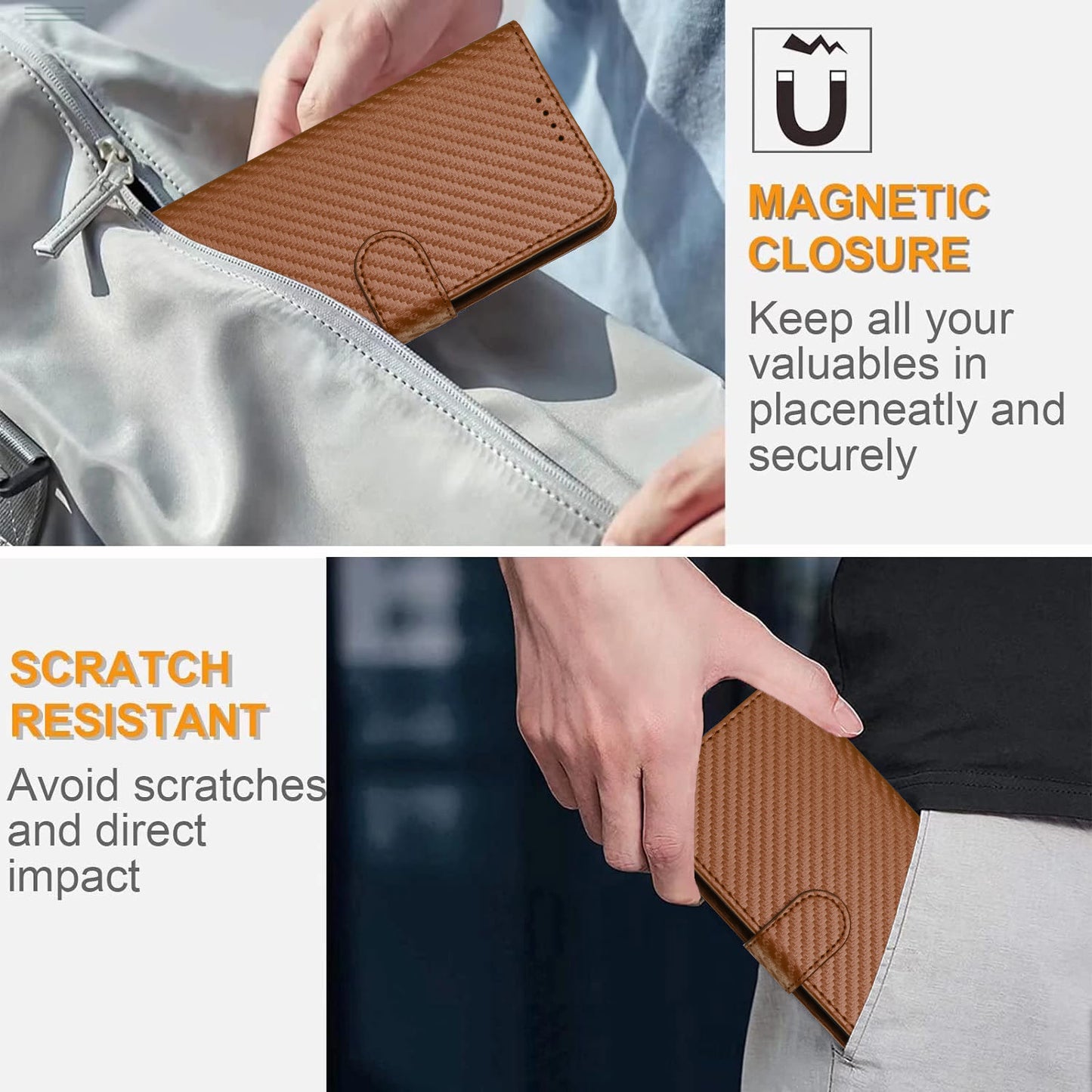 For iPhone 17 Wallet Case with Strap Carbon Fiber Texture Leather Mobile Cover - Coffee