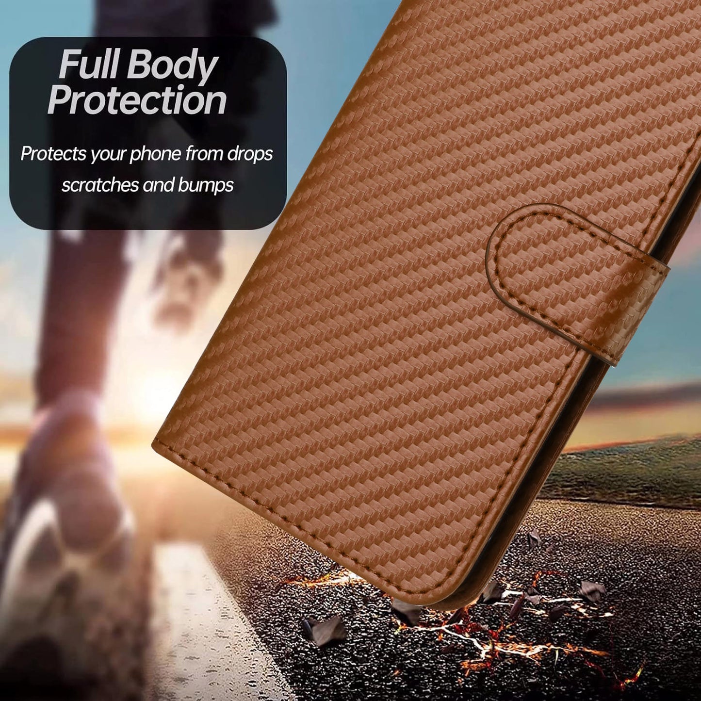 For iPhone 17 Wallet Case with Strap Carbon Fiber Texture Leather Mobile Cover - Coffee
