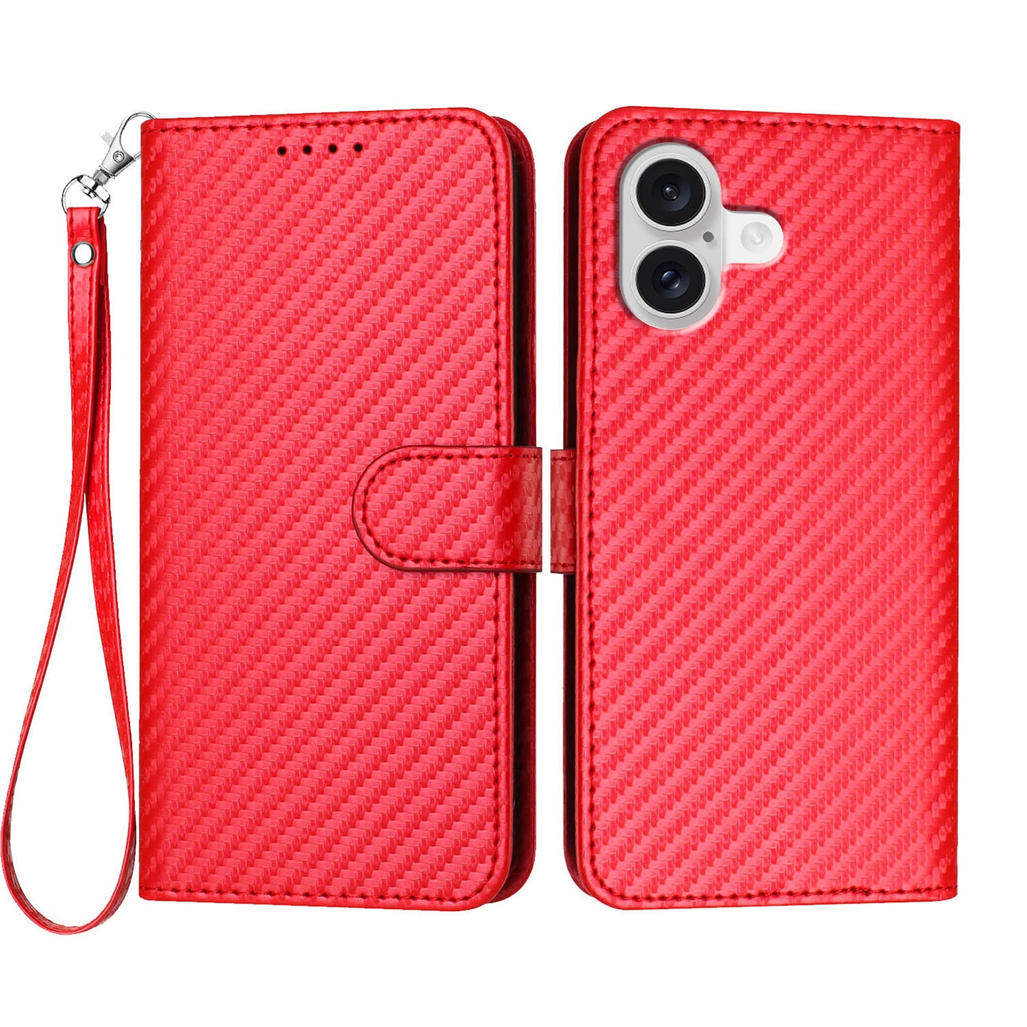 For iPhone 17 Wallet Case with Strap Carbon Fiber Texture Leather Mobile Cover - Red