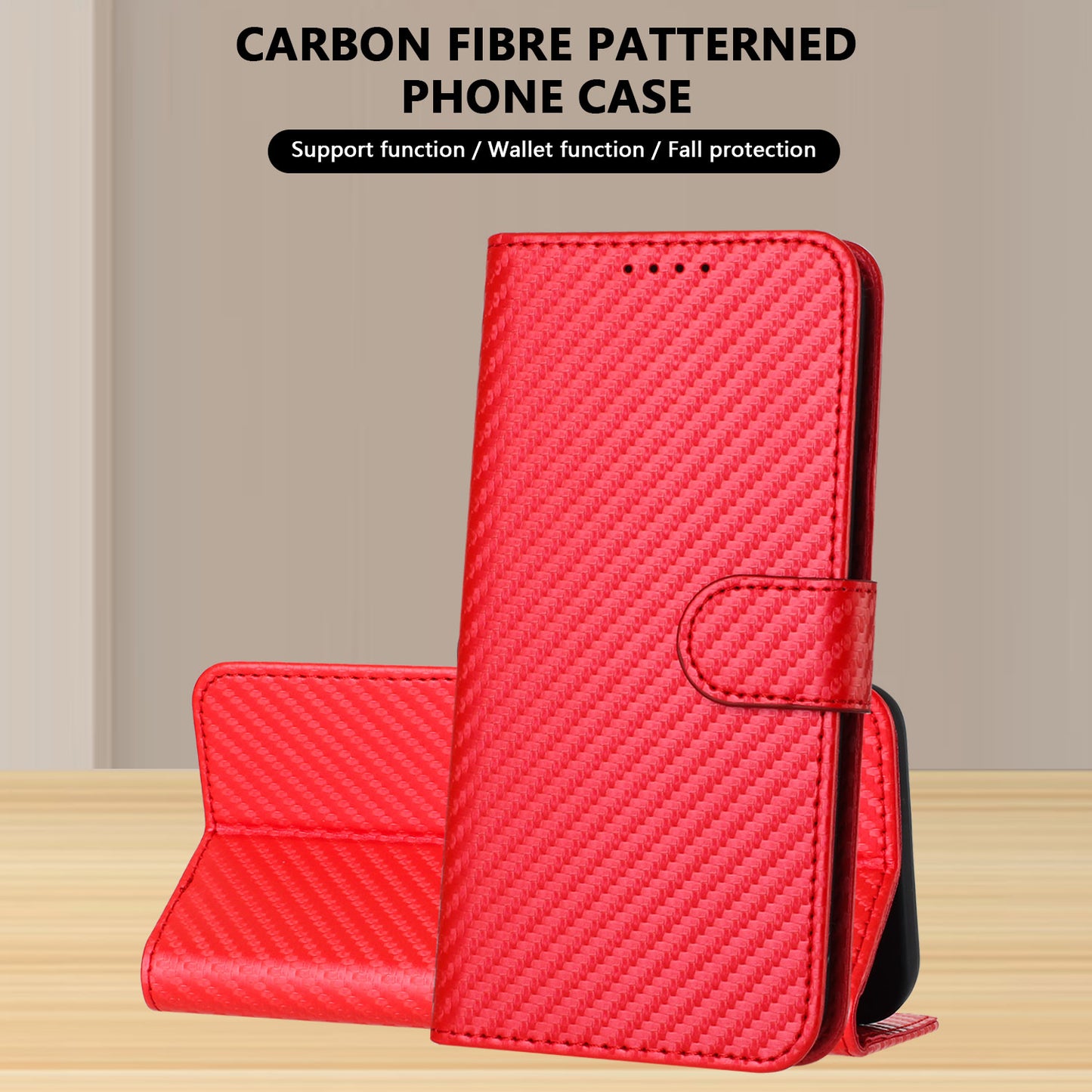 For iPhone 17 Wallet Case with Strap Carbon Fiber Texture Leather Mobile Cover - Red