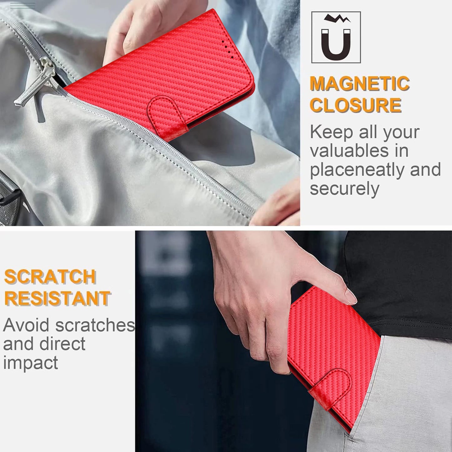 For iPhone 17 Wallet Case with Strap Carbon Fiber Texture Leather Mobile Cover - Red