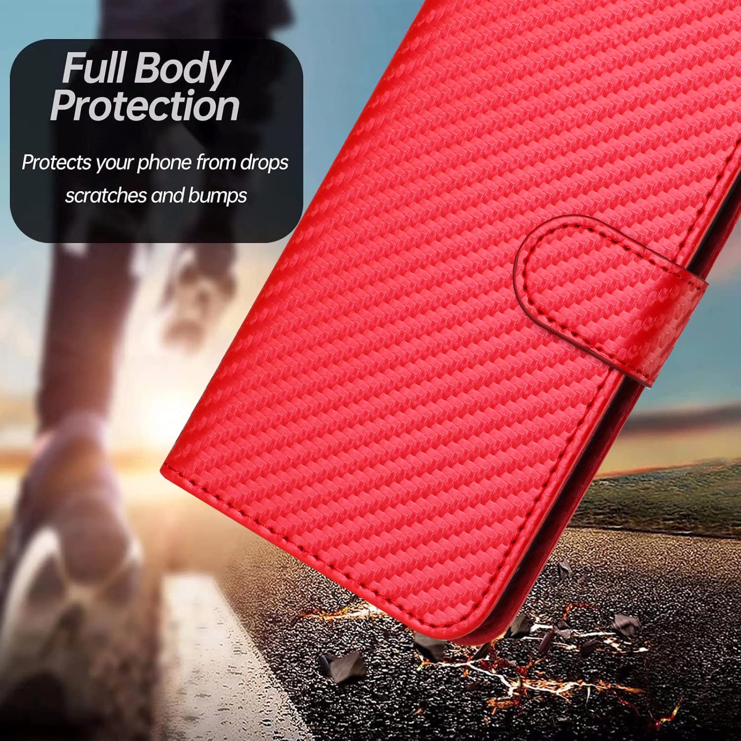 For iPhone 17 Wallet Case with Strap Carbon Fiber Texture Leather Mobile Cover - Red