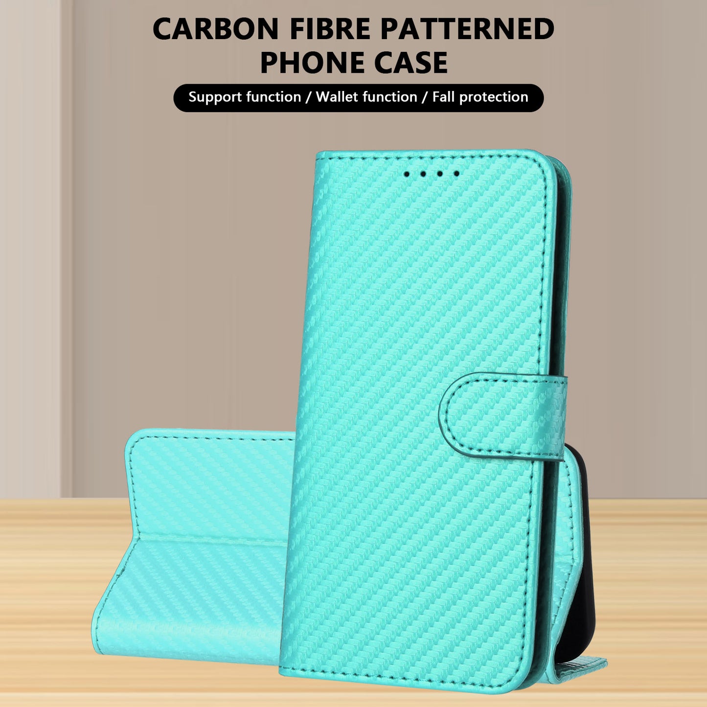 For iPhone 17 Wallet Case with Strap Carbon Fiber Texture Leather Mobile Cover - Light Blue