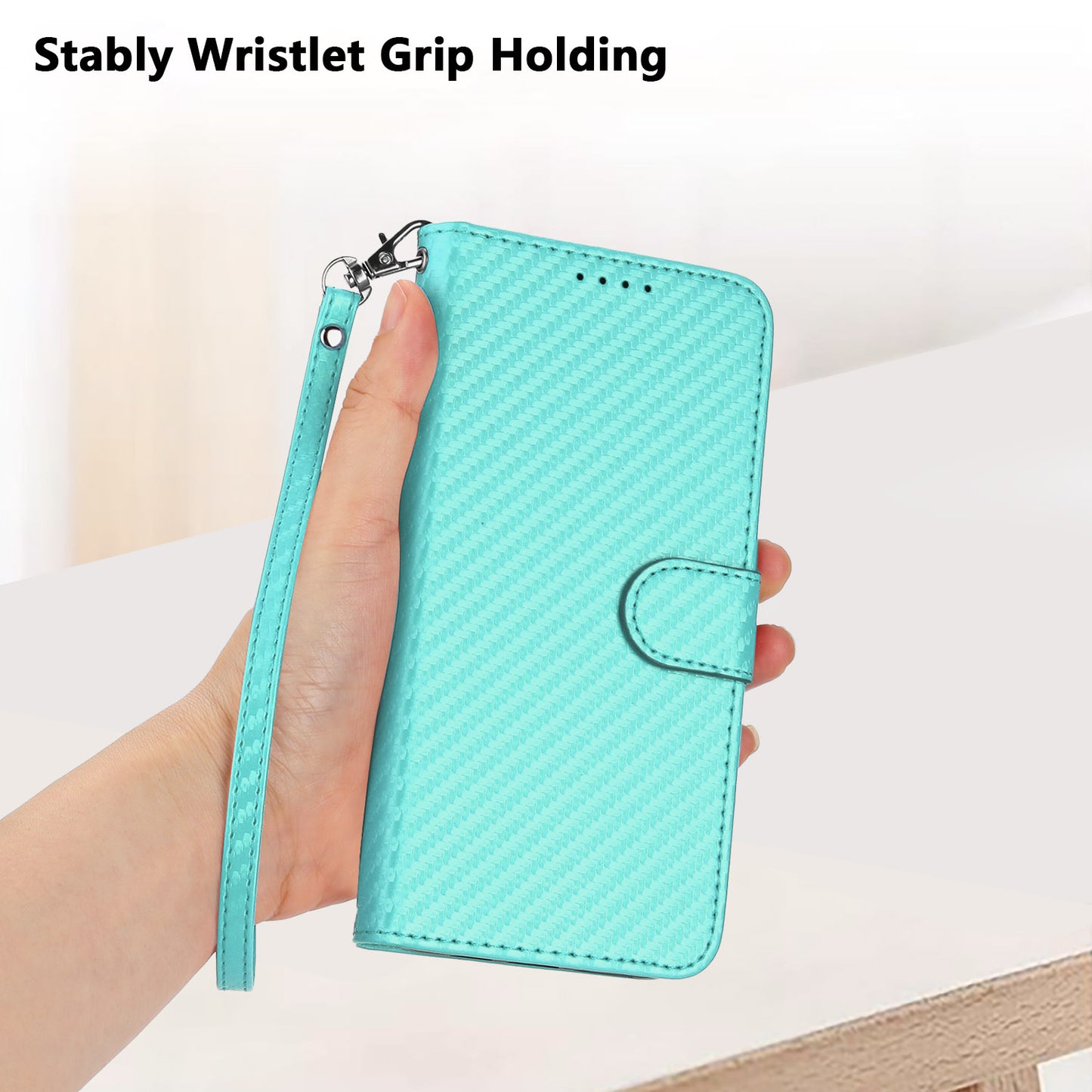 For iPhone 17 Wallet Case with Strap Carbon Fiber Texture Leather Mobile Cover - Light Blue