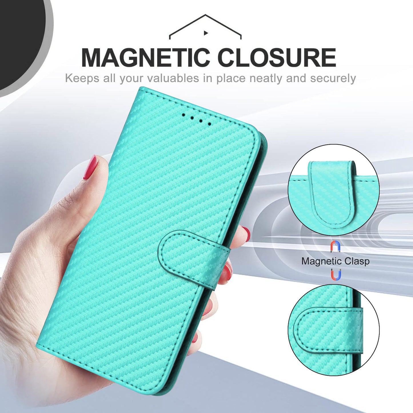 For iPhone 17 Wallet Case with Strap Carbon Fiber Texture Leather Mobile Cover - Light Blue