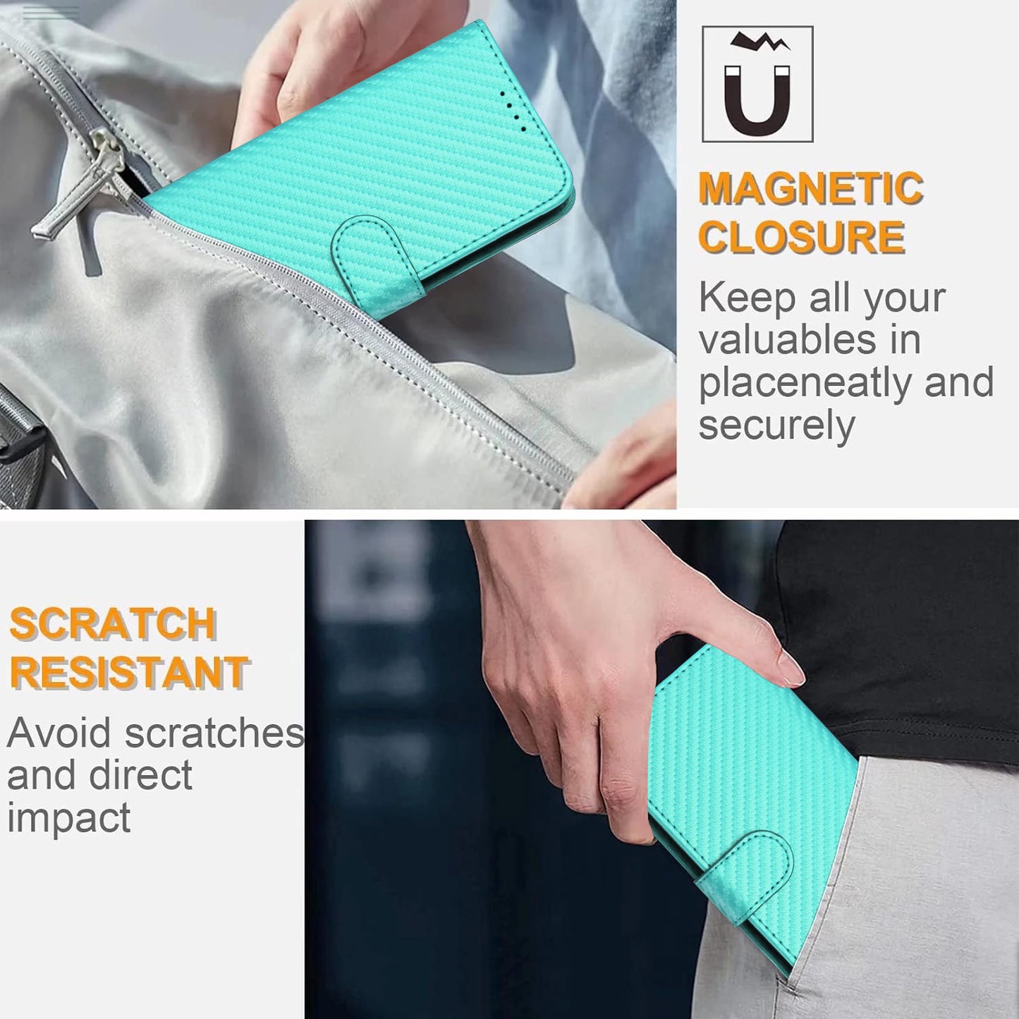 For iPhone 17 Wallet Case with Strap Carbon Fiber Texture Leather Mobile Cover - Light Blue