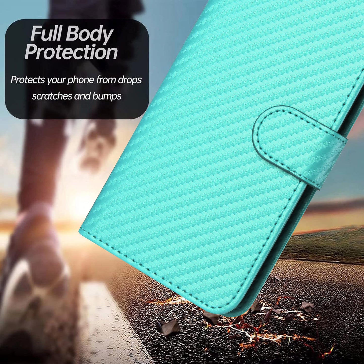 For iPhone 17 Wallet Case with Strap Carbon Fiber Texture Leather Mobile Cover - Light Blue