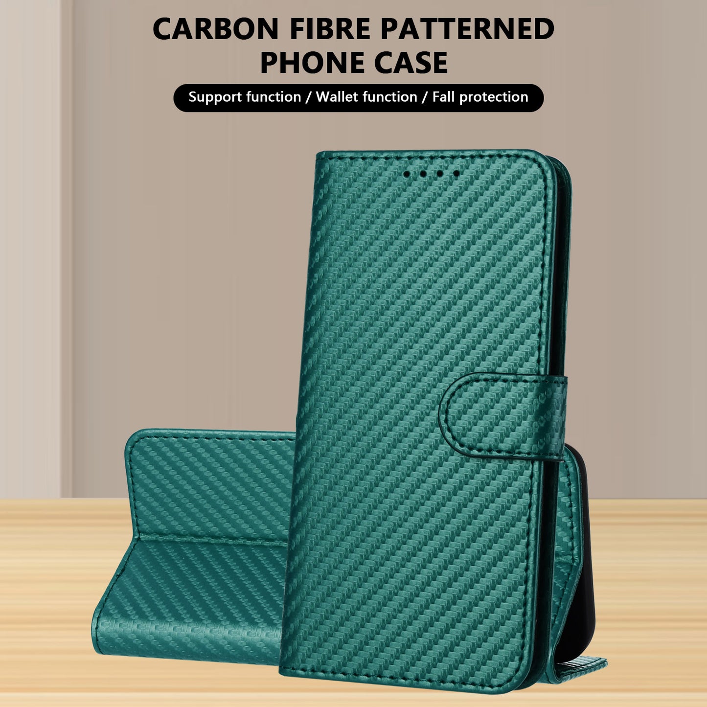 For iPhone 17 Wallet Case with Strap Carbon Fiber Texture Leather Mobile Cover - Blackish Green