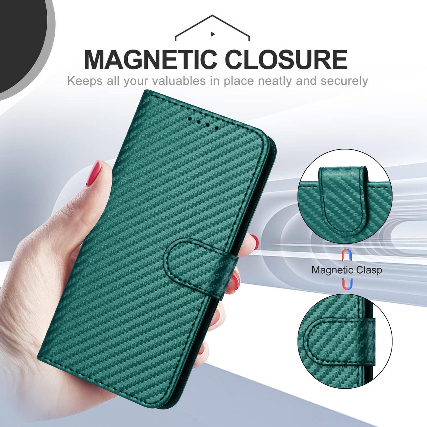 For iPhone 17 Wallet Case with Strap Carbon Fiber Texture Leather Mobile Cover - Blackish Green
