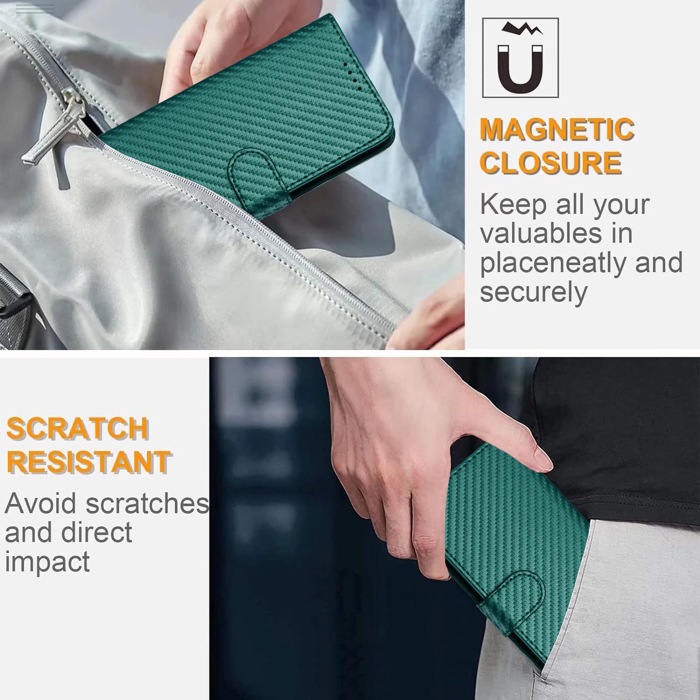 For iPhone 17 Wallet Case with Strap Carbon Fiber Texture Leather Mobile Cover - Blackish Green