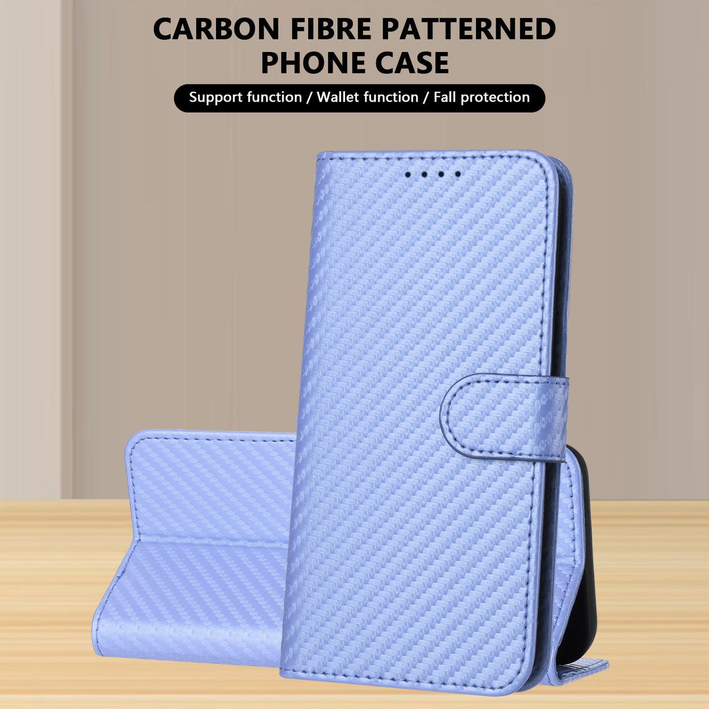 For iPhone 17 Wallet Case with Strap Carbon Fiber Texture Leather Mobile Cover - Purple