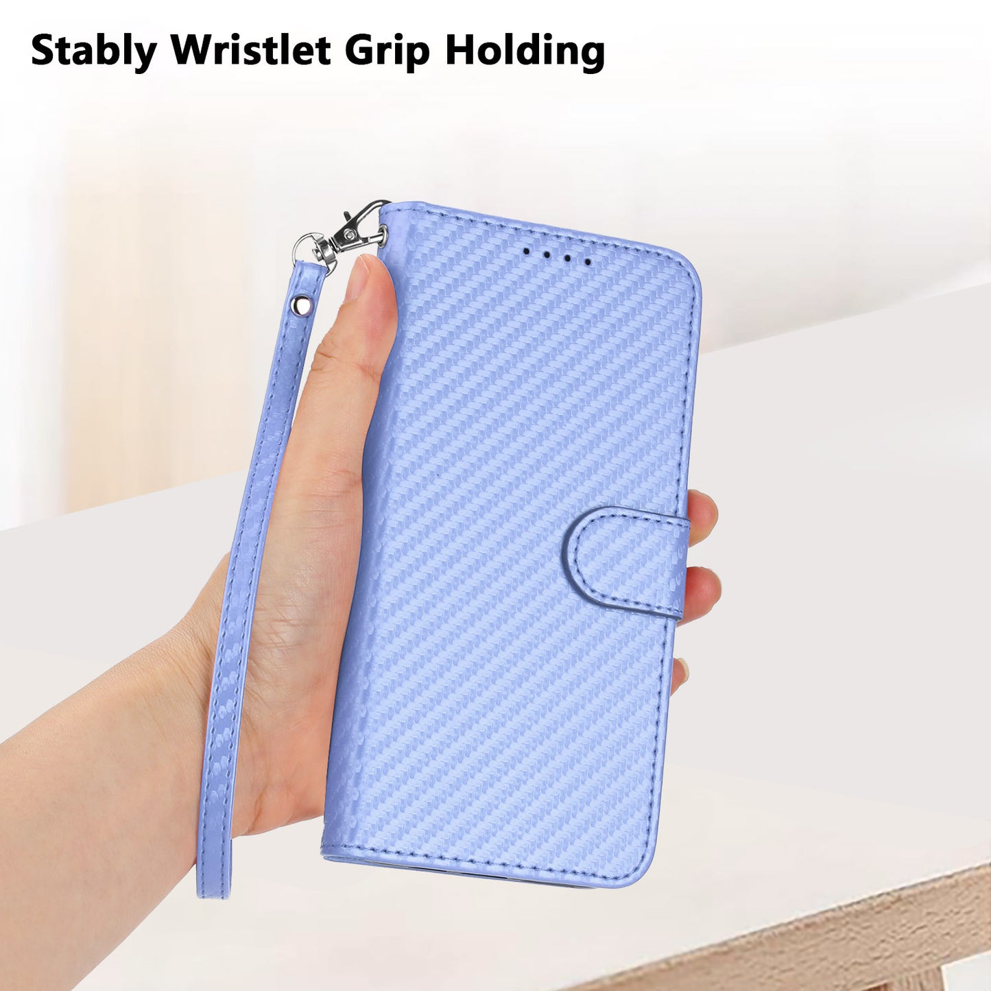 For iPhone 17 Wallet Case with Strap Carbon Fiber Texture Leather Mobile Cover - Purple