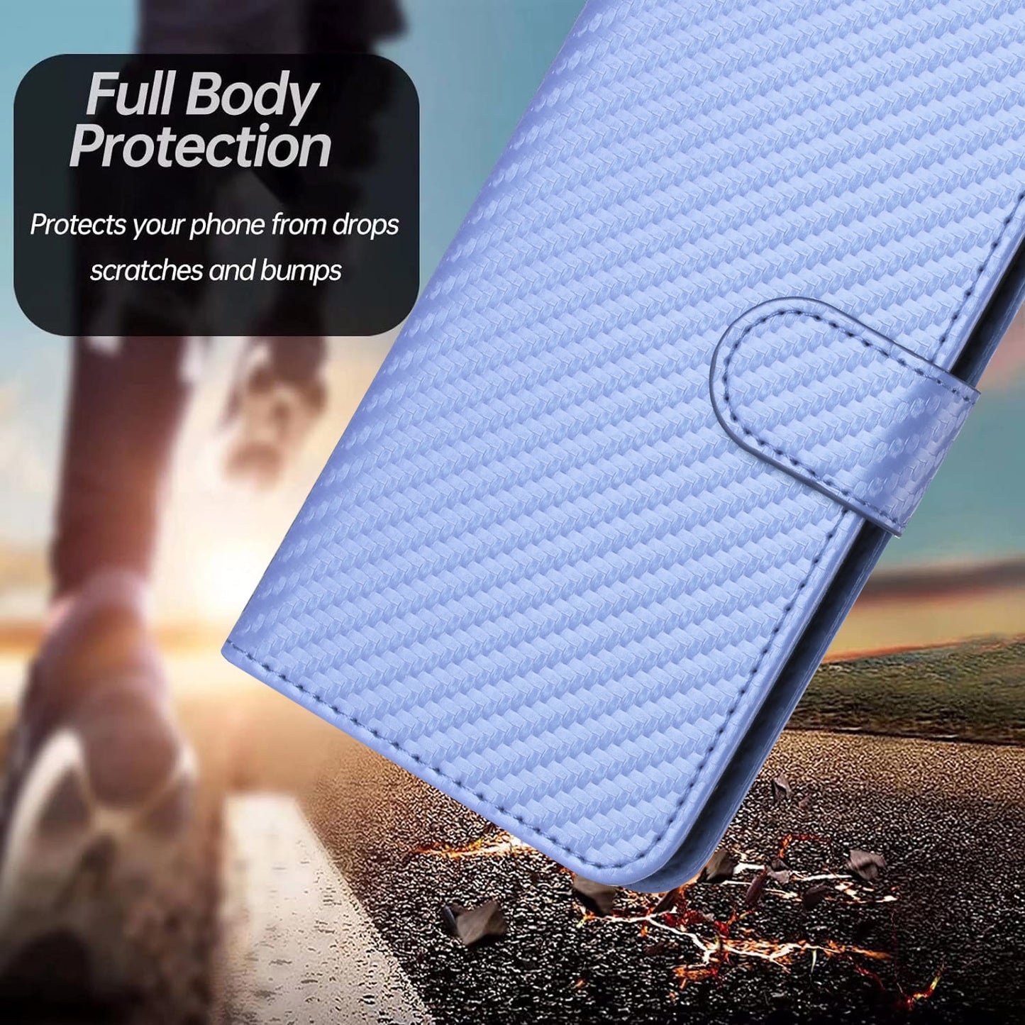 For iPhone 17 Wallet Case with Strap Carbon Fiber Texture Leather Mobile Cover - Purple