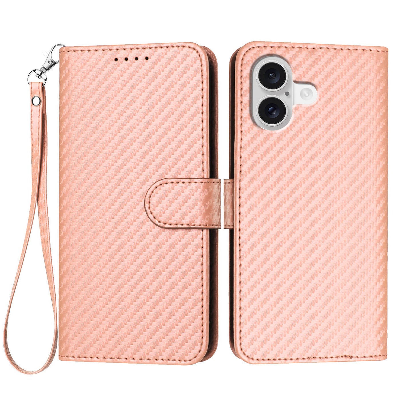 For iPhone 17 Wallet Case with Strap Carbon Fiber Texture Leather Mobile Cover - Pink