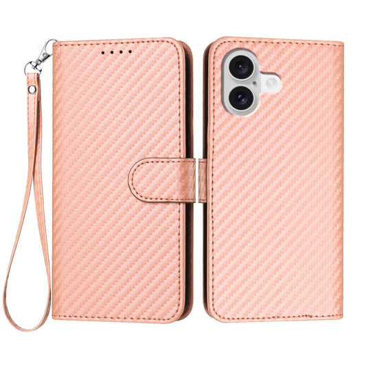 For iPhone 17 Wallet Case with Strap Carbon Fiber Texture Leather Mobile Cover - Pink