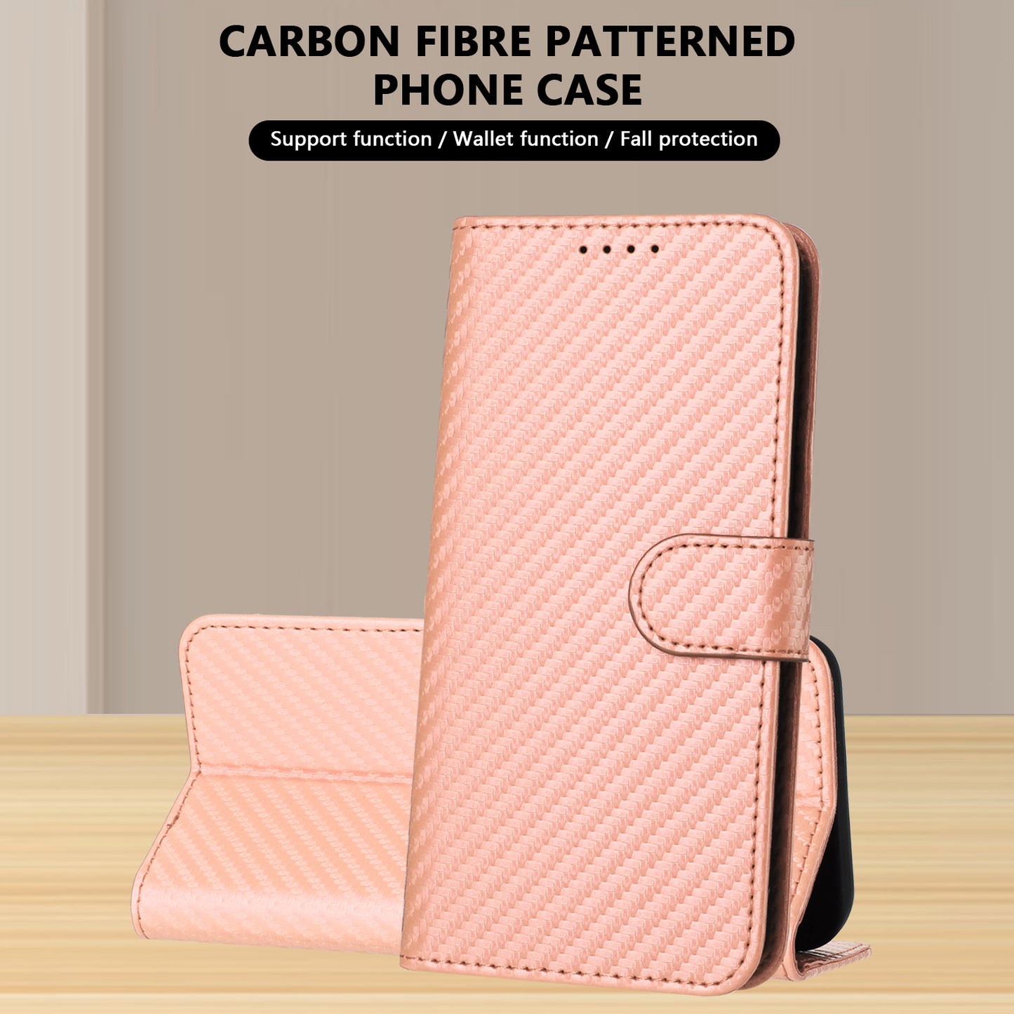 For iPhone 17 Wallet Case with Strap Carbon Fiber Texture Leather Mobile Cover - Pink