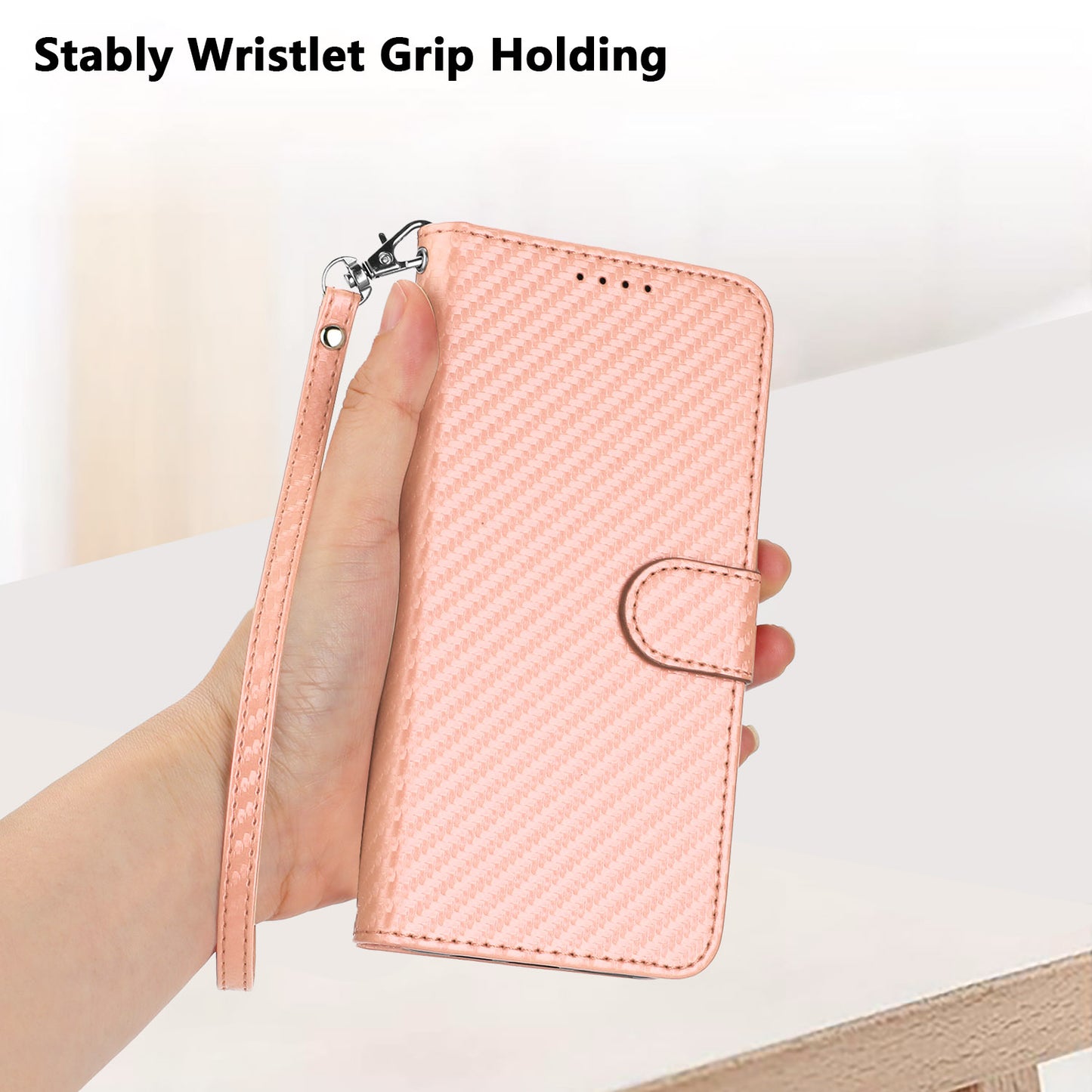 For iPhone 17 Wallet Case with Strap Carbon Fiber Texture Leather Mobile Cover - Pink