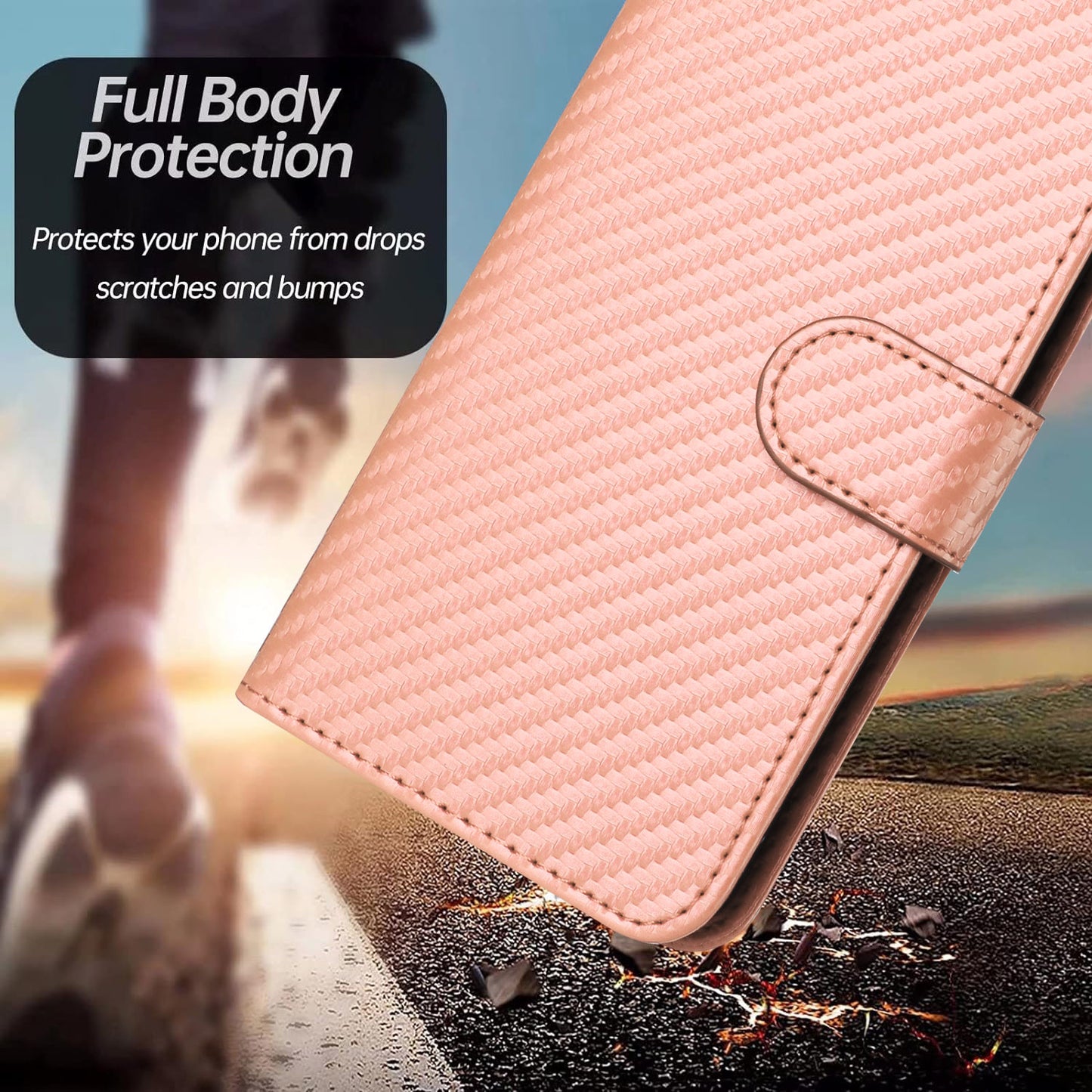 For iPhone 17 Wallet Case with Strap Carbon Fiber Texture Leather Mobile Cover - Pink