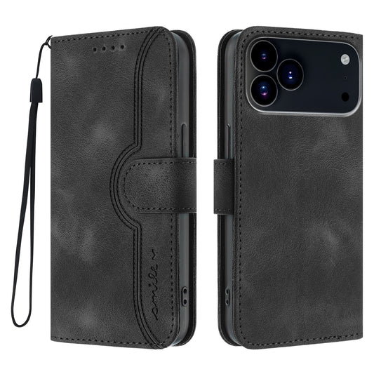 For iPhone 17 Pro Leather Case Wallet Stand Smile Imprinted Phone Cover with Strap - Black