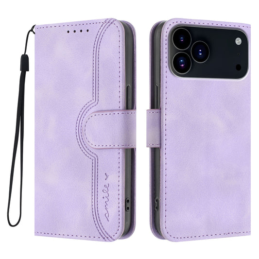 For iPhone 17 Pro Leather Case Wallet Stand Smile Imprinted Phone Cover with Strap - Purple