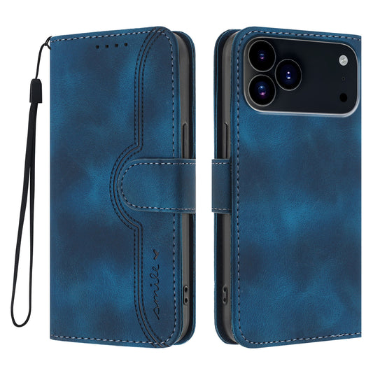 For iPhone 17 Pro Leather Case Wallet Stand Smile Imprinted Phone Cover with Strap - Royal Blue
