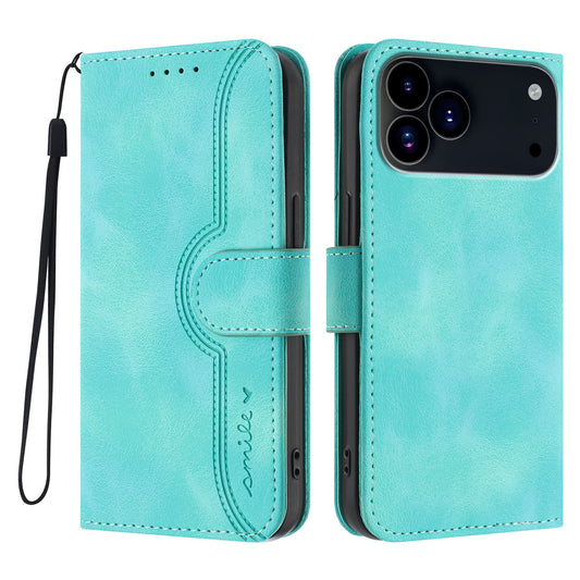 For iPhone 17 Pro Leather Case Wallet Stand Smile Imprinted Phone Cover with Strap - Light Blue