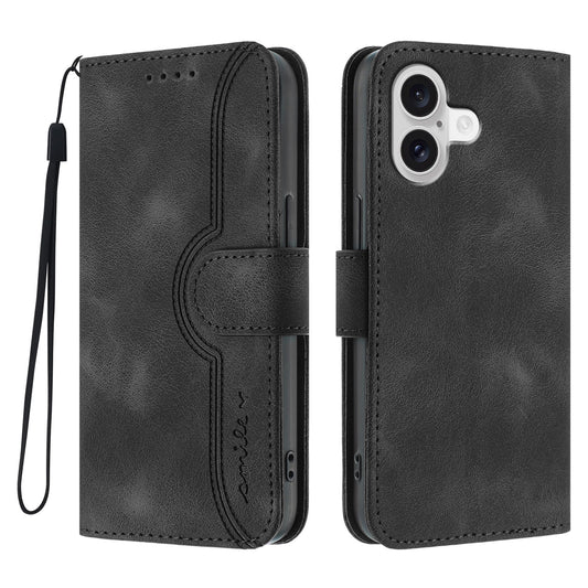 For iPhone 17 Leather Case Wallet Stand Smile Imprinted Phone Cover with Strap - Black
