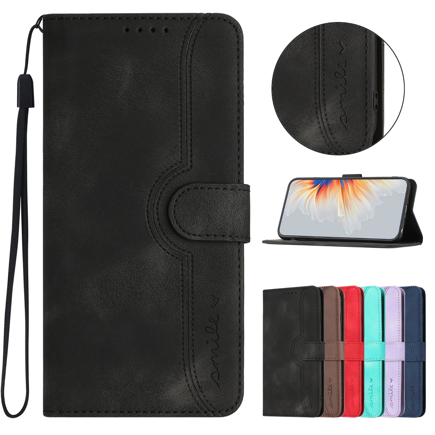 For iPhone 17 Leather Case Wallet Stand Smile Imprinted Phone Cover with Strap - Black