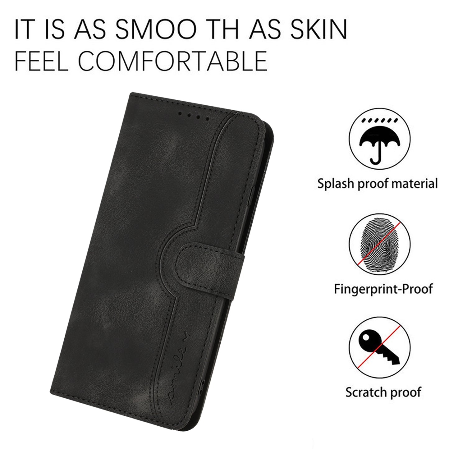 For iPhone 17 Leather Case Wallet Stand Smile Imprinted Phone Cover with Strap - Black