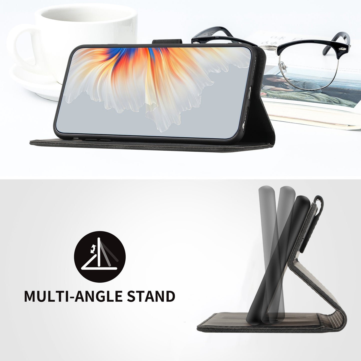 For iPhone 17 Leather Case Wallet Stand Smile Imprinted Phone Cover with Strap - Black